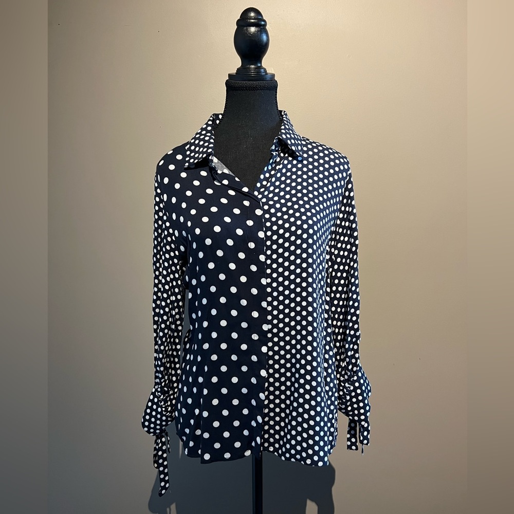 Long sleeve, blue and white polka dot blouse